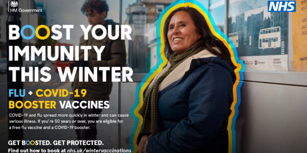 Picture of a smiling lady with caption boost your immunity this winter with flu and covid vaccination